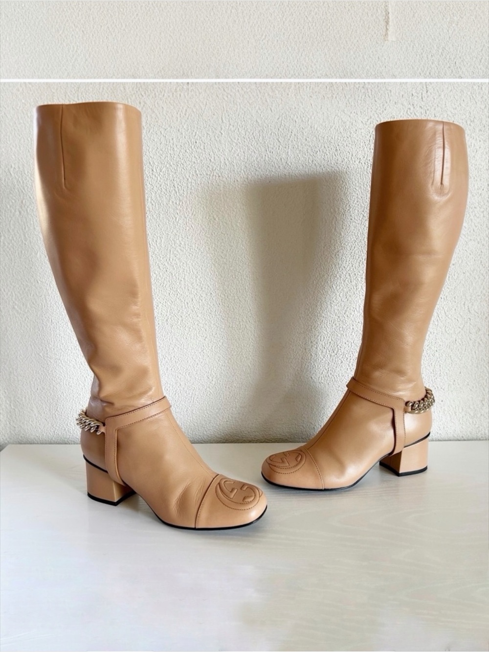 Gucci Beige Taupe Leather Knee High Boots Interlocking GG Toe Chain Size EU 37